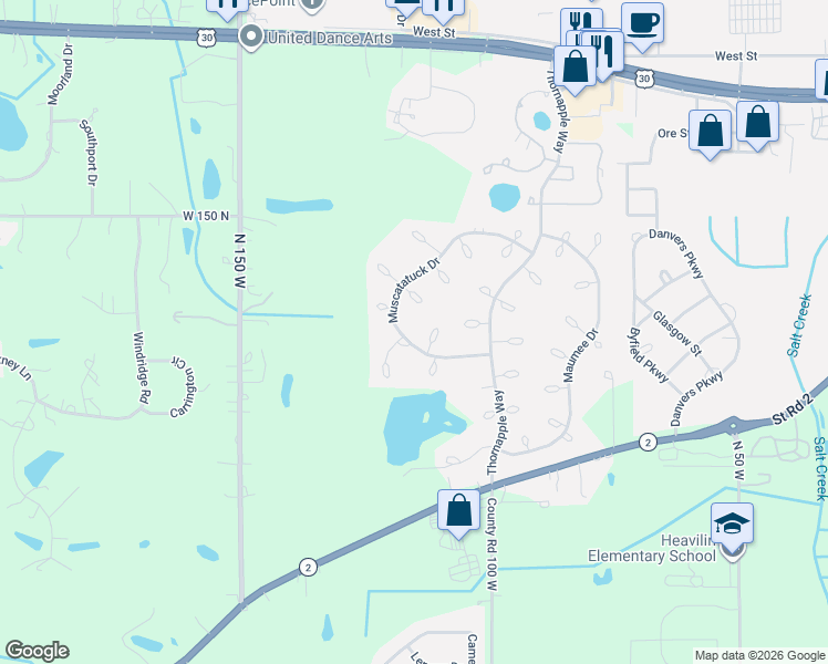map of restaurants, bars, coffee shops, grocery stores, and more near 1489-1545 Muscatatuck Dr in Valparaiso