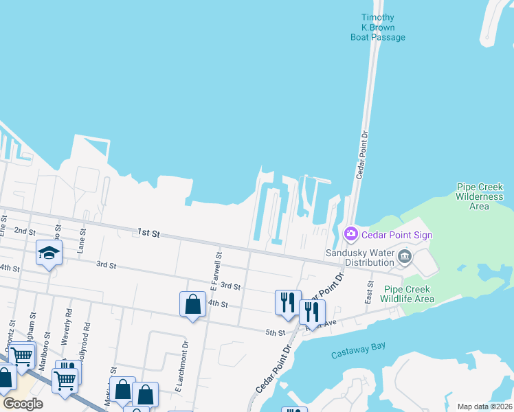 map of restaurants, bars, coffee shops, grocery stores, and more near 562 Nantucket Drive in Sandusky