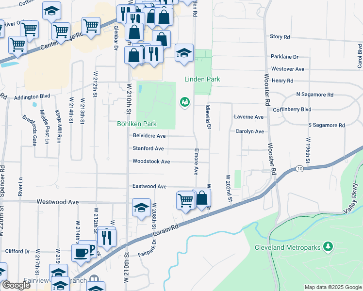 map of restaurants, bars, coffee shops, grocery stores, and more near 20537 Stanford Avenue in Fairview Park