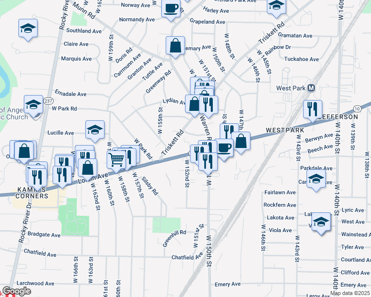 map of restaurants, bars, coffee shops, grocery stores, and more near 15207 Lorain Avenue in Cleveland