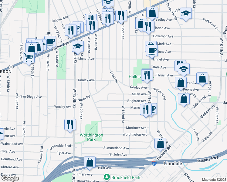 map of restaurants, bars, coffee shops, grocery stores, and more near 12309 Milan Avenue in Cleveland