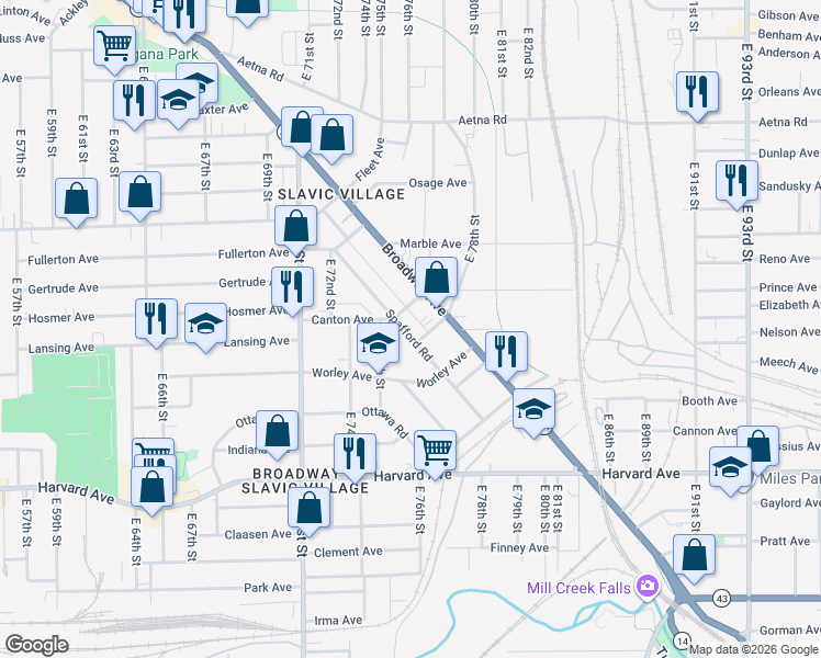 map of restaurants, bars, coffee shops, grocery stores, and more near 7723 Spafford Road in Cleveland