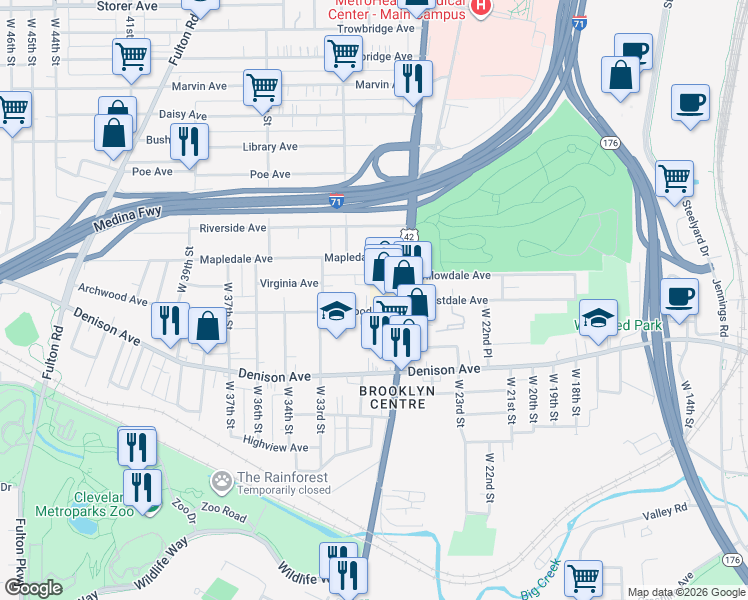 map of restaurants, bars, coffee shops, grocery stores, and more near 2800 Archwood Avenue in Cleveland