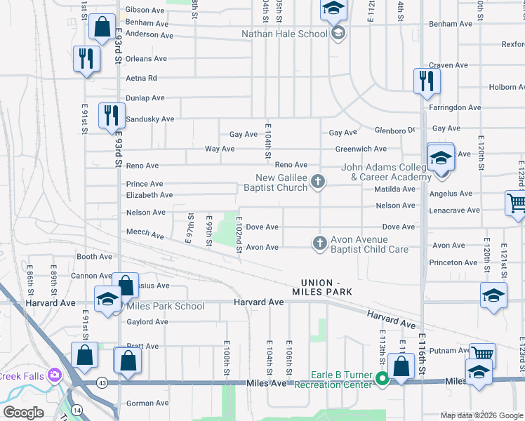 map of restaurants, bars, coffee shops, grocery stores, and more near 10405 Dove Avenue in Cleveland