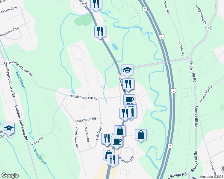 map of restaurants, bars, coffee shops, grocery stores, and more near 60 Old New Milford Road in Brookfield