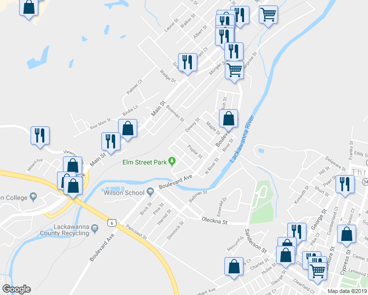map of restaurants, bars, coffee shops, grocery stores, and more near 249 Poplar Street in Dickson City