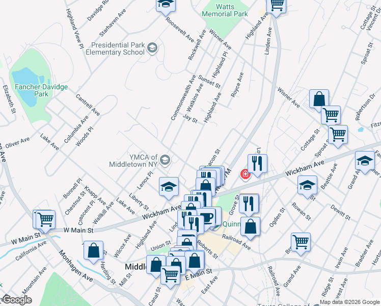 map of restaurants, bars, coffee shops, grocery stores, and more near 100 Highland Avenue in Middletown