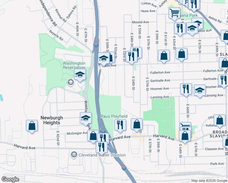 map of restaurants, bars, coffee shops, grocery stores, and more near 3856 East 52nd Street in Newburgh Heights