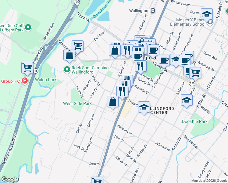 map of restaurants, bars, coffee shops, grocery stores, and more near 189 Ward Street in Wallingford