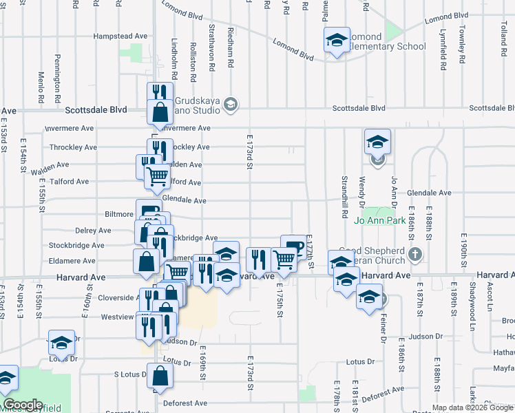 map of restaurants, bars, coffee shops, grocery stores, and more near 17324 Biltmore Avenue in Cleveland