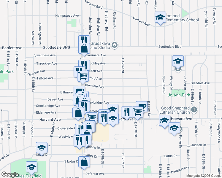 map of restaurants, bars, coffee shops, grocery stores, and more near 17002 Biltmore Avenue in Cleveland