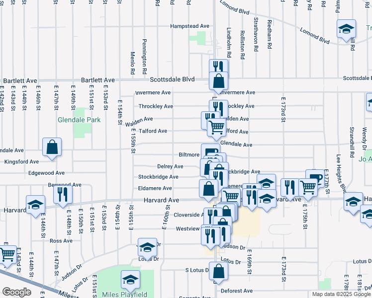 map of restaurants, bars, coffee shops, grocery stores, and more near 16216 Biltmore Avenue in Cleveland