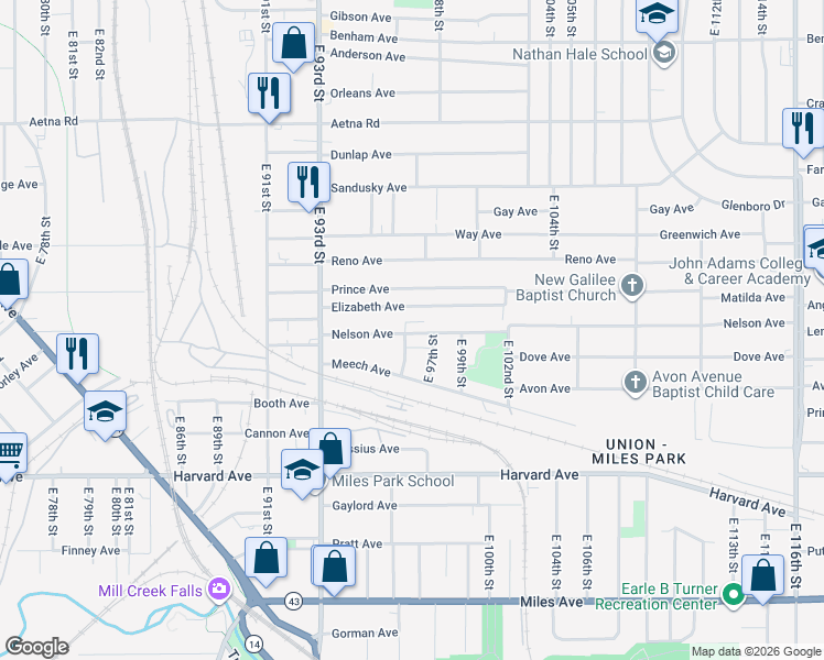 map of restaurants, bars, coffee shops, grocery stores, and more near 3899 East 96th Street in Cleveland