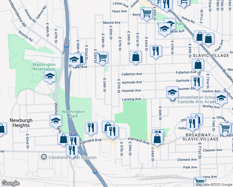 map of restaurants, bars, coffee shops, grocery stores, and more near 3880 East 55th Street in Cleveland