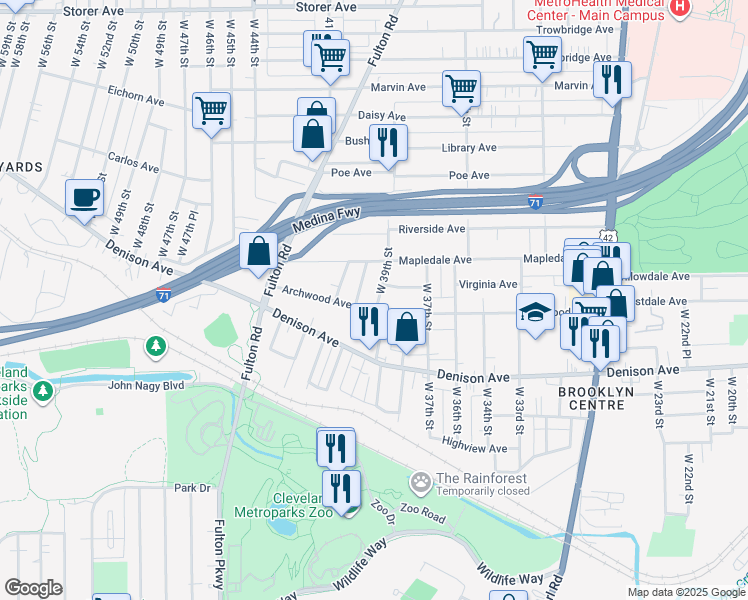 map of restaurants, bars, coffee shops, grocery stores, and more near 3768 West 39th Street in Cleveland