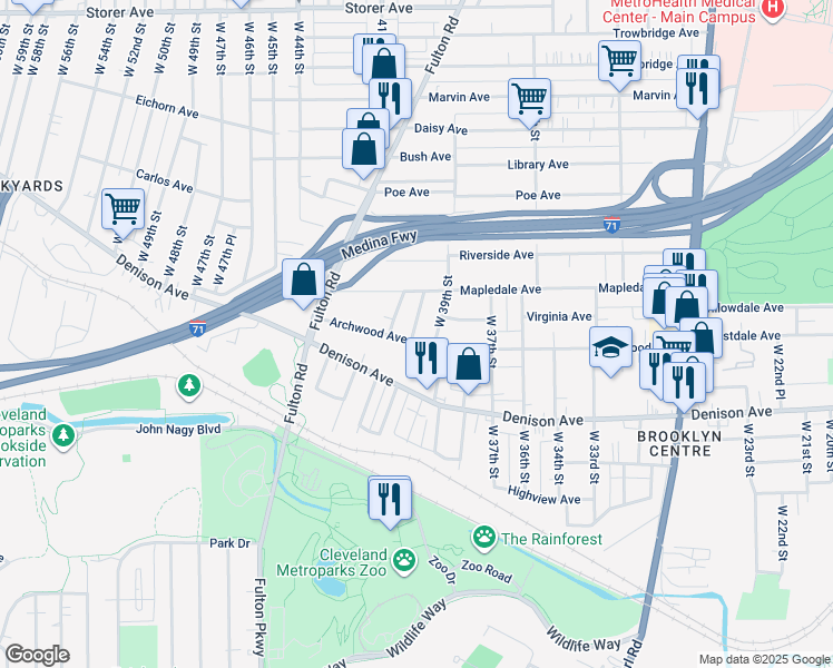 map of restaurants, bars, coffee shops, grocery stores, and more near 4111 Archwood Avenue in Cleveland