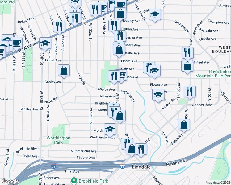 map of restaurants, bars, coffee shops, grocery stores, and more near 3686 West 117th Street in Cleveland