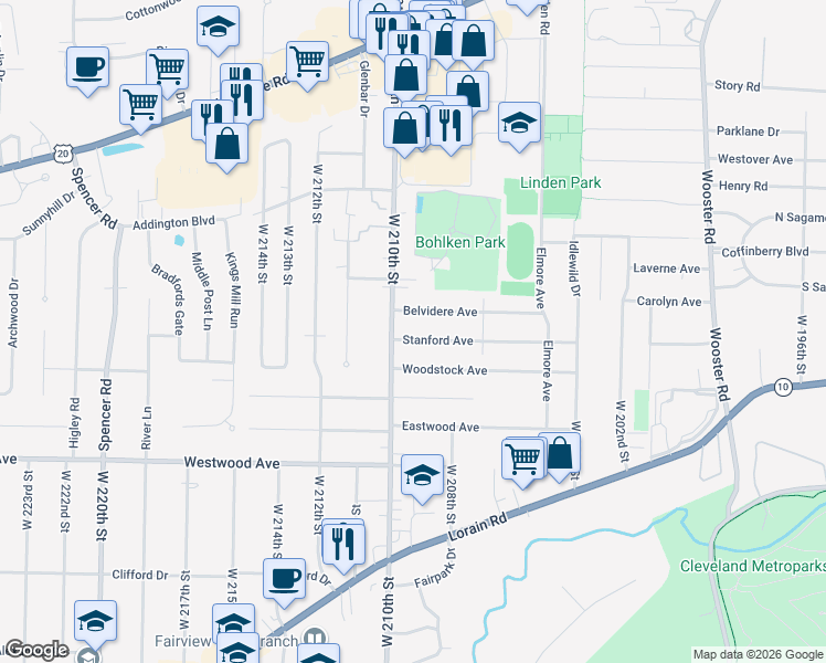 map of restaurants, bars, coffee shops, grocery stores, and more near 20961 Stanford Avenue in Fairview Park