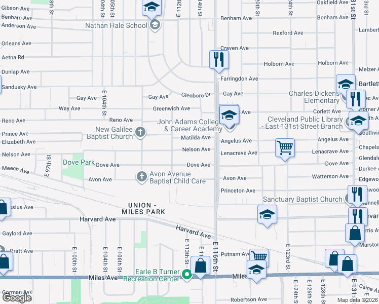 map of restaurants, bars, coffee shops, grocery stores, and more near 11401 Dove Avenue in Cleveland