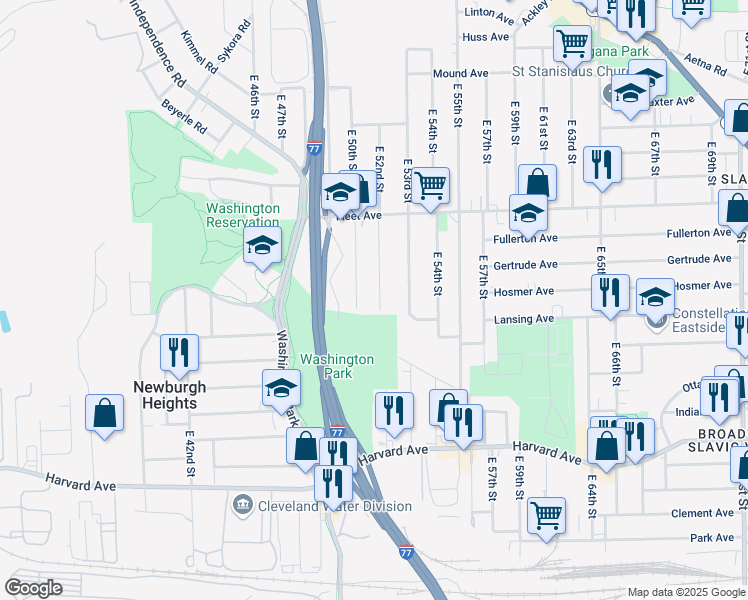 map of restaurants, bars, coffee shops, grocery stores, and more near 3856 East 52nd Street in Newburgh Heights