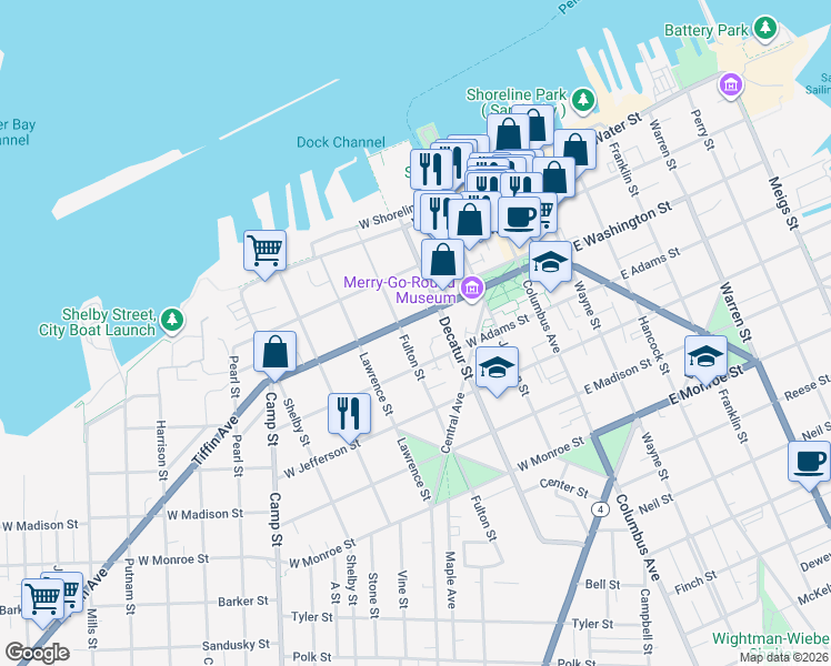 map of restaurants, bars, coffee shops, grocery stores, and more near 610 West Washington Street in Sandusky