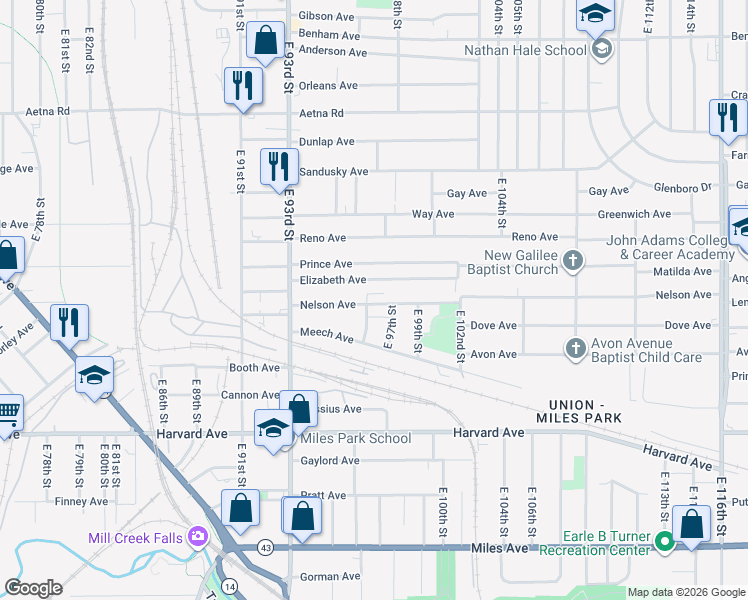 map of restaurants, bars, coffee shops, grocery stores, and more near 3899 East 96th Street in Cleveland