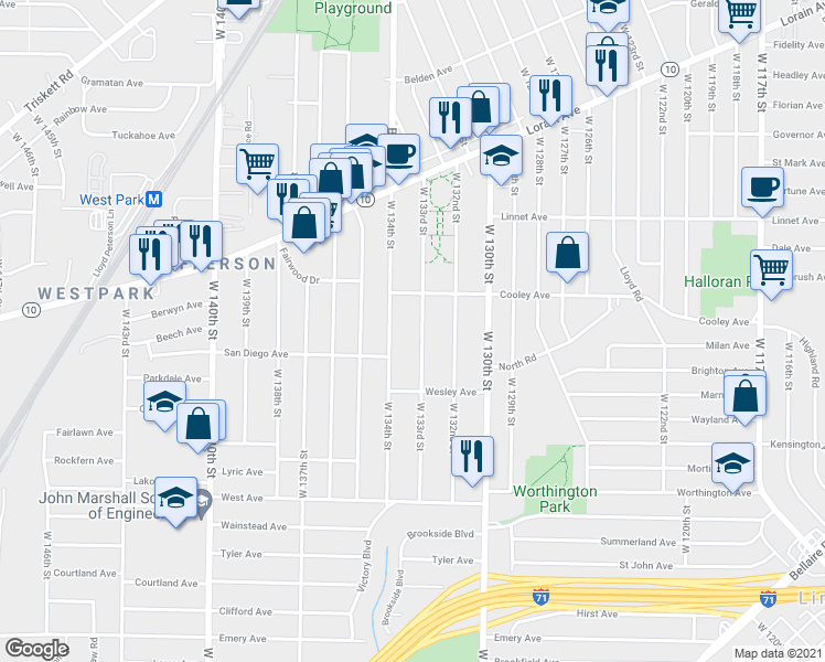 map of restaurants, bars, coffee shops, grocery stores, and more near 3716 West 133rd Street in Cleveland
