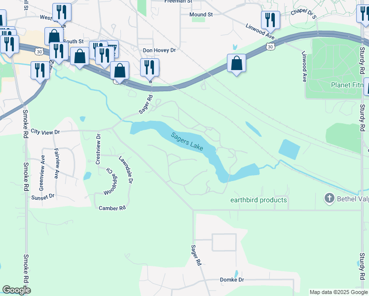 map of restaurants, bars, coffee shops, grocery stores, and more near Lake of the Woods Club in Valparaiso