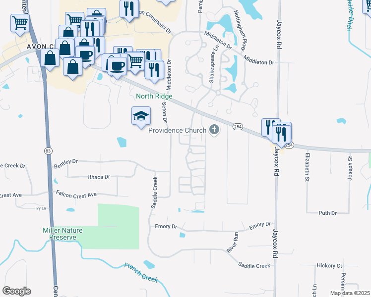 map of restaurants, bars, coffee shops, grocery stores, and more near in Avon