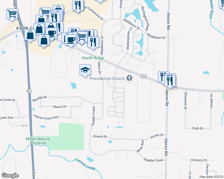 map of restaurants, bars, coffee shops, grocery stores, and more near 36976 Detroit Road in Avon