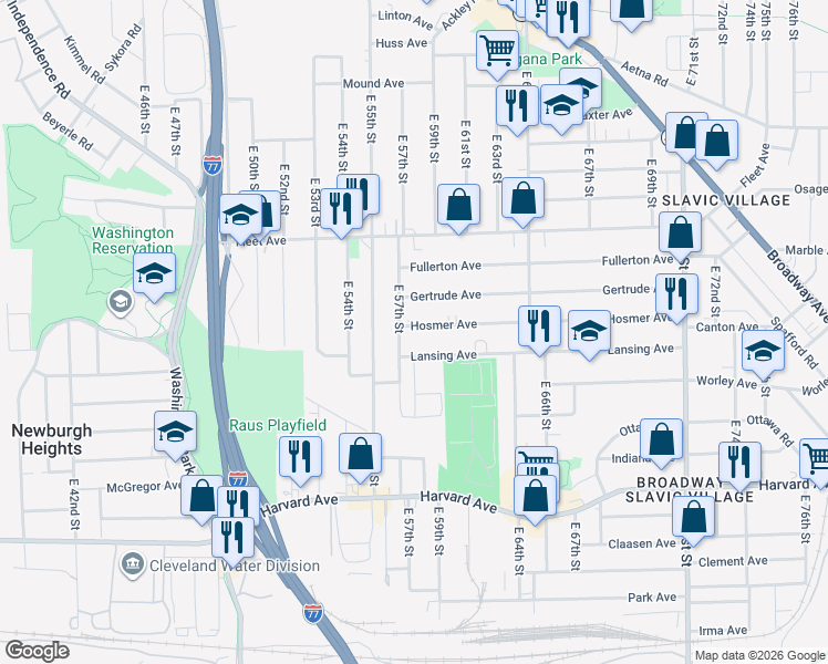 map of restaurants, bars, coffee shops, grocery stores, and more near 5711 Lansing Avenue in Cleveland