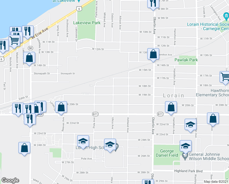 map of restaurants, bars, coffee shops, grocery stores, and more near 1442 West 19th Street in Lorain