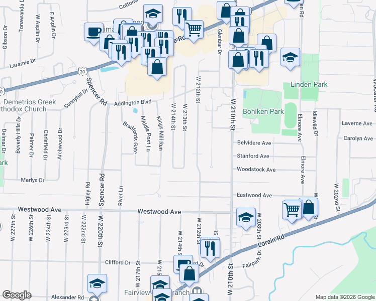 map of restaurants, bars, coffee shops, grocery stores, and more near 4045 West 213th Street in Fairview Park