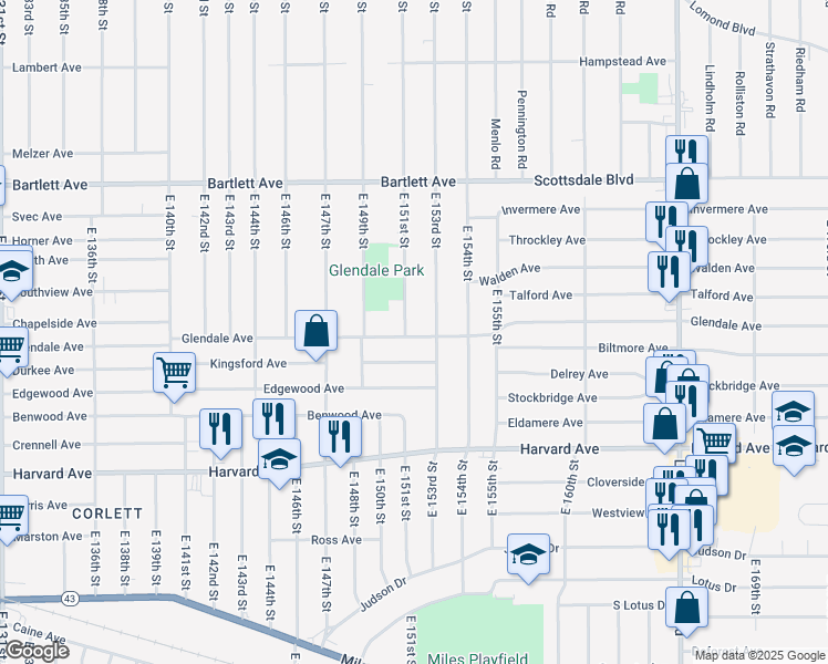 map of restaurants, bars, coffee shops, grocery stores, and more near 15105 Glendale Avenue in Cleveland