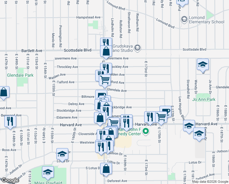 map of restaurants, bars, coffee shops, grocery stores, and more near 16518 Biltmore Avenue in Cleveland