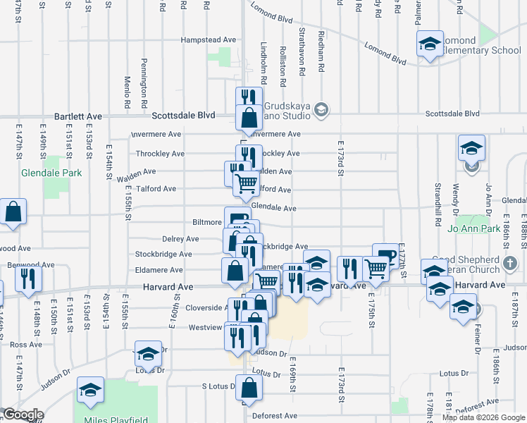 map of restaurants, bars, coffee shops, grocery stores, and more near 16518 Biltmore Avenue in Cleveland