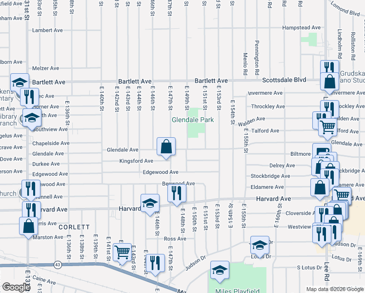 map of restaurants, bars, coffee shops, grocery stores, and more near 3926 East 149th Street in Cleveland