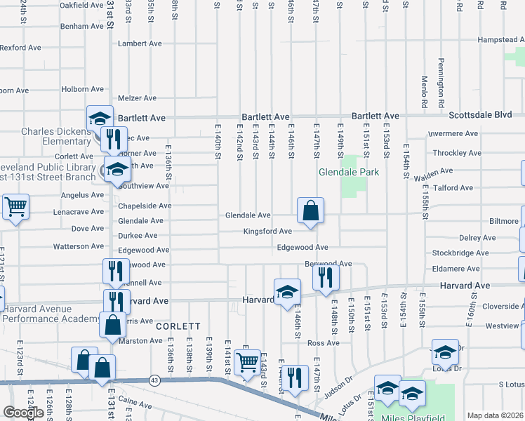 map of restaurants, bars, coffee shops, grocery stores, and more near 14305 Kingsford Avenue in Cleveland