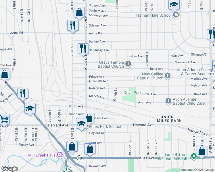 map of restaurants, bars, coffee shops, grocery stores, and more near 3899 East 96th Street in Cleveland