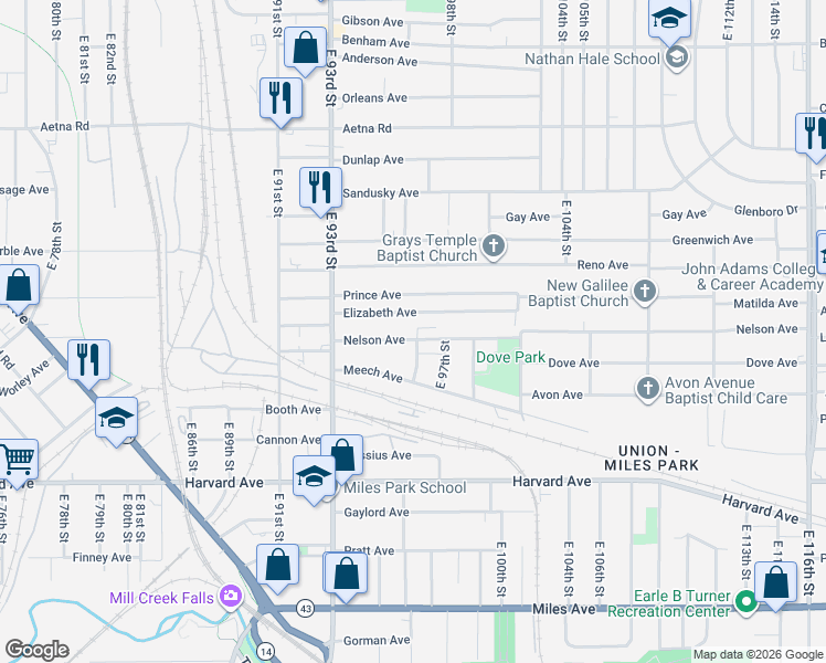 map of restaurants, bars, coffee shops, grocery stores, and more near 3899 East 96th Street in Cleveland
