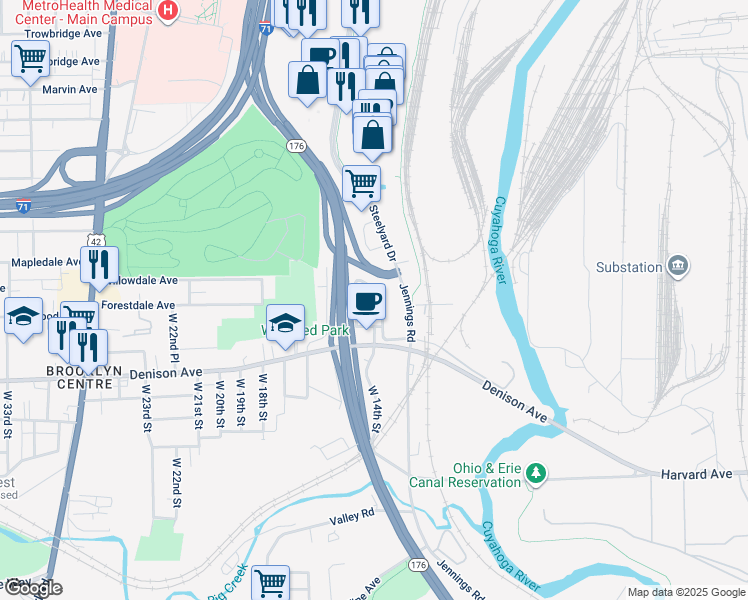 map of restaurants, bars, coffee shops, grocery stores, and more near 3755 West 14th Street in Cleveland