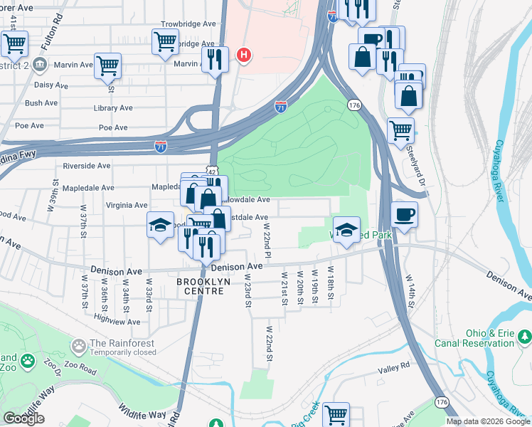 map of restaurants, bars, coffee shops, grocery stores, and more near 3783 West 22nd Place in Cleveland