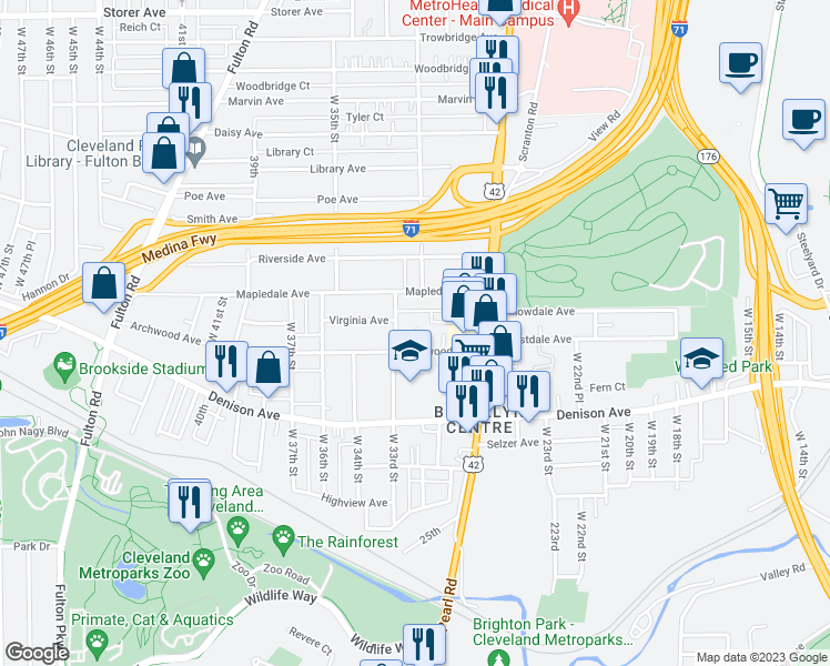 map of restaurants, bars, coffee shops, grocery stores, and more near 3003 Archwood Avenue in Cleveland