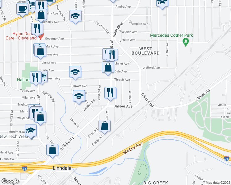 map of restaurants, bars, coffee shops, grocery stores, and more near 3666 West 104th Street in Cleveland