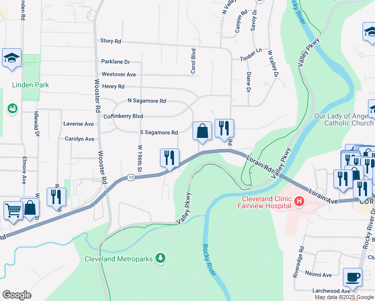 map of restaurants, bars, coffee shops, grocery stores, and more near in Fairview Park