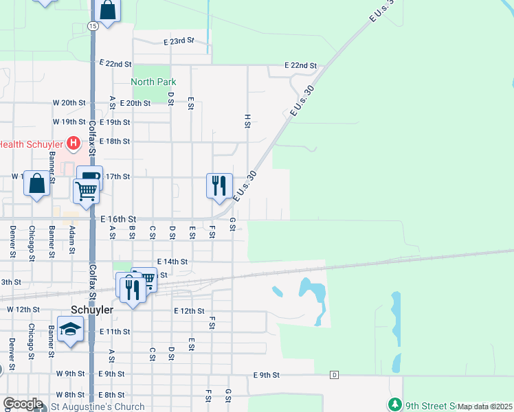map of restaurants, bars, coffee shops, grocery stores, and more near 801-857 East 16th Street in Schuyler