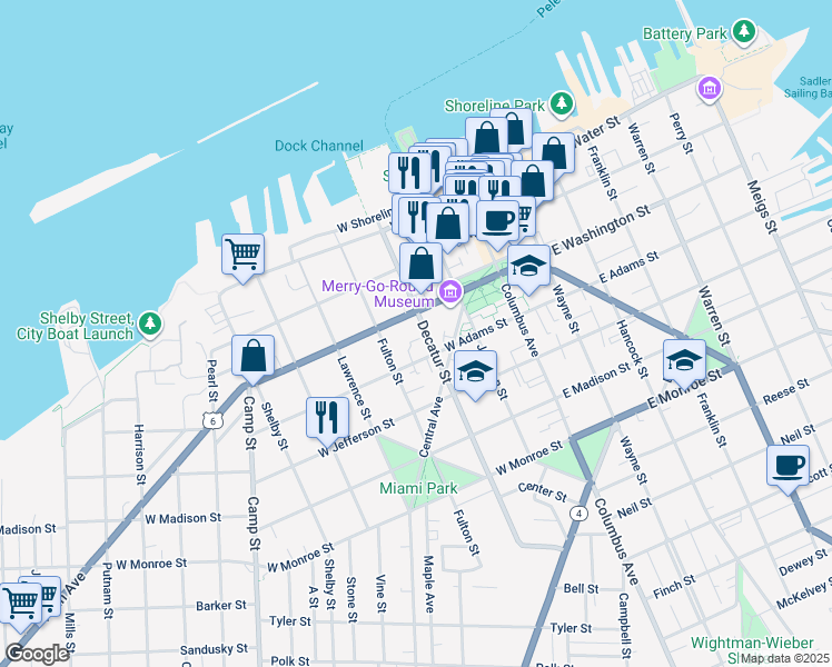 map of restaurants, bars, coffee shops, grocery stores, and more near 315 Decatur Street in Sandusky