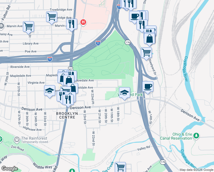 map of restaurants, bars, coffee shops, grocery stores, and more near 1916 Forestdale Avenue in Cleveland