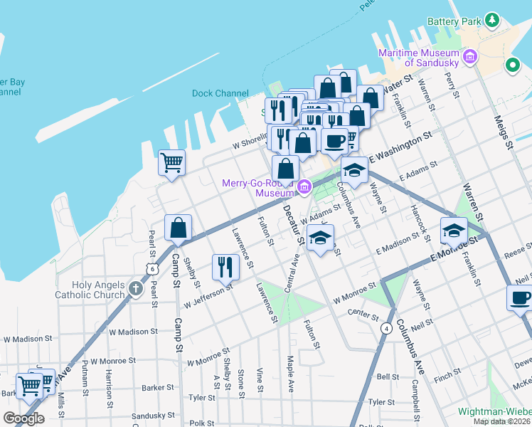 map of restaurants, bars, coffee shops, grocery stores, and more near 610 West Washington Street in Sandusky