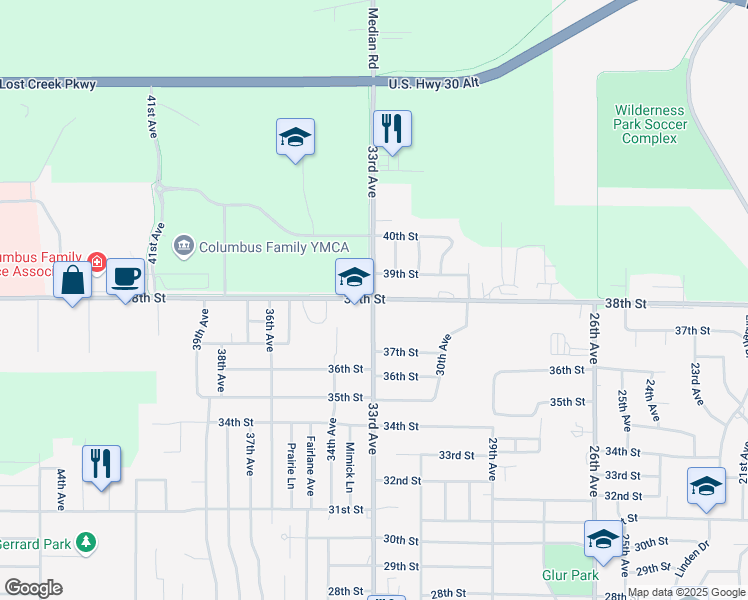 map of restaurants, bars, coffee shops, grocery stores, and more near 3799 33rd Avenue in Columbus